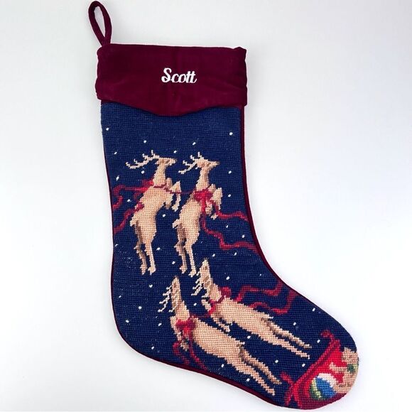 Vintage Wool Needlepoint Christmas Stocking Reindeer "Scott" - Picture 1 of 8